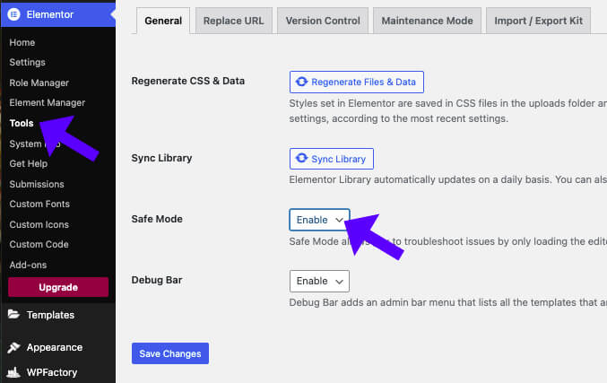 Enable safe mode Elementor