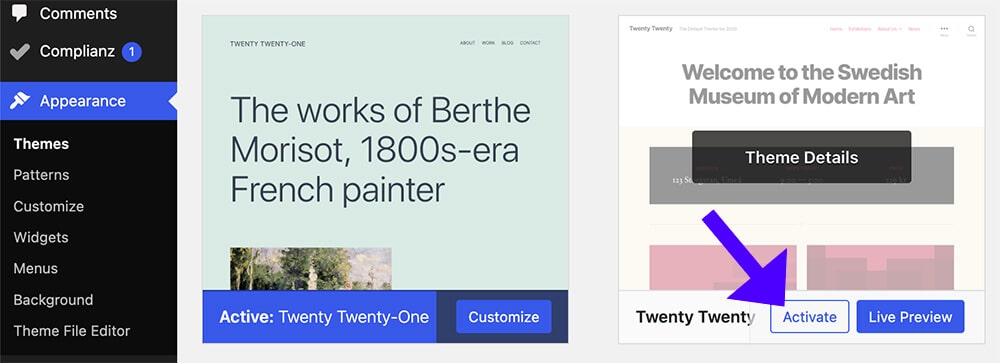 Activate a different WordPress theme