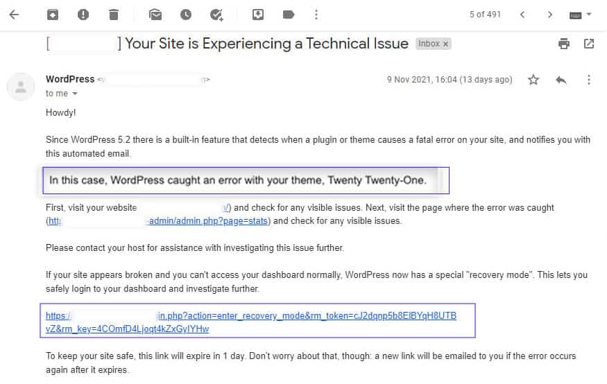 Critical error WordPress email