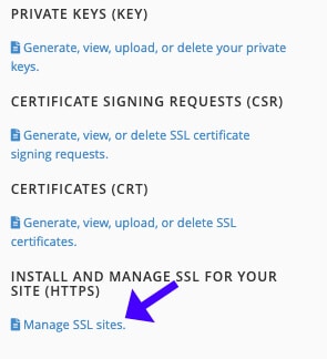 Manage SSL Sites link