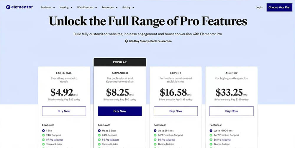Elementor Pricing Page