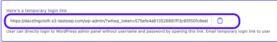 Temporary Login Link Created