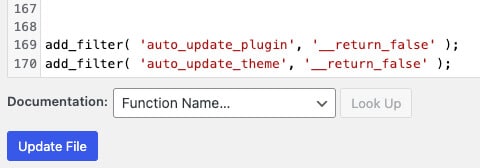 Disable automatic updates WordPress function