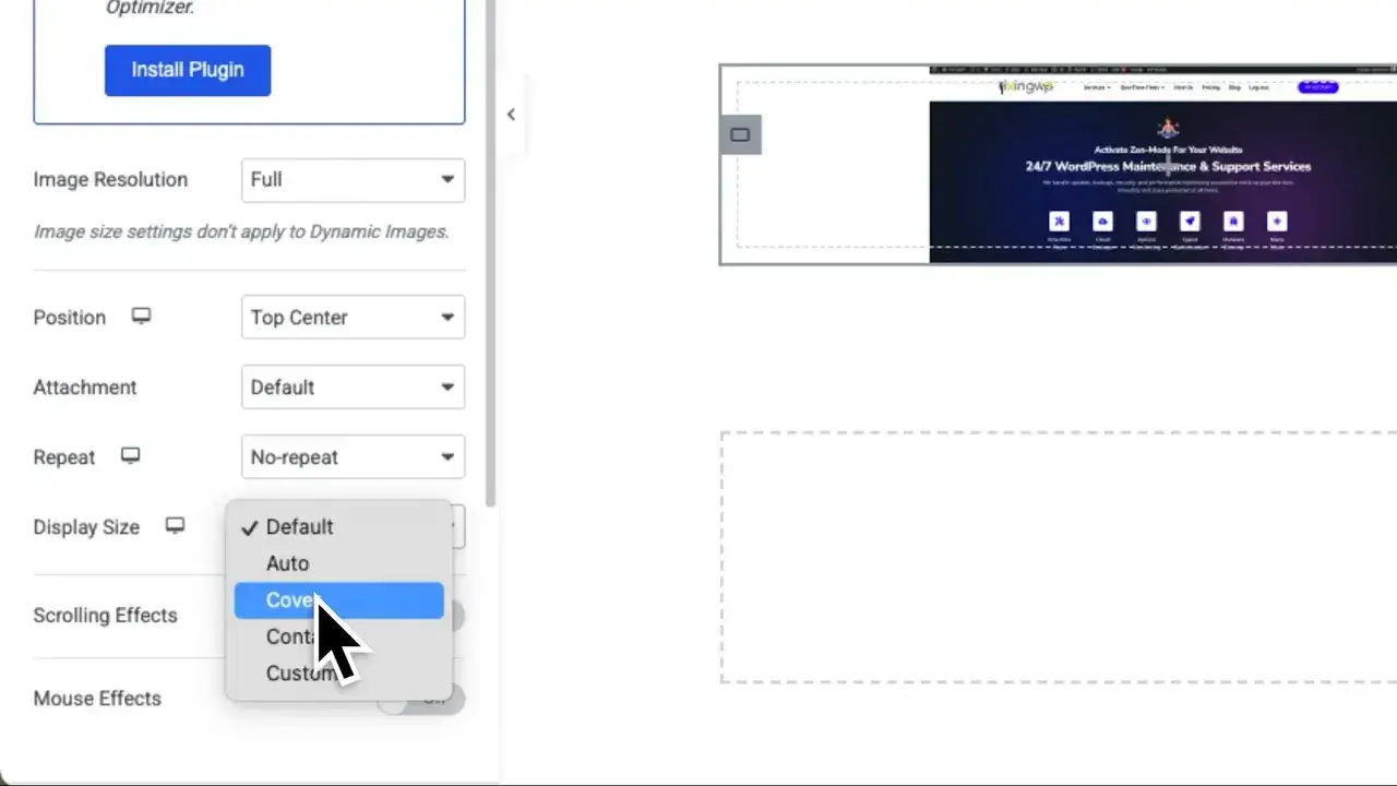 elementor-container-style-panel-showing-image-resolution,-position-set-to-top-center,-repeat-set-to-no-repeat-and-the-display-size-menu-with-cover-highlighted.-2