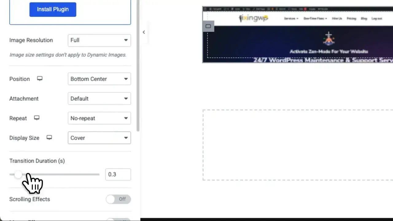 elementor-style-panel-showing-position-set-to-bottom-center,-repeat-set-to-no-repeat,-display-size-set-to-cover-and-a-transition-duration-slider-with-a-numeric-value-displayed.-3