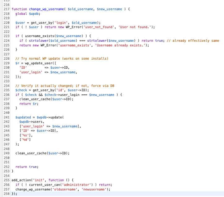 Change WordPress Username PHP Function