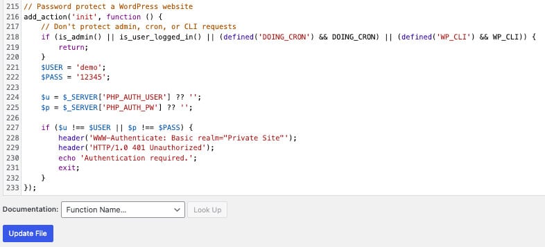 PHP Function to Protect WordPress with Password