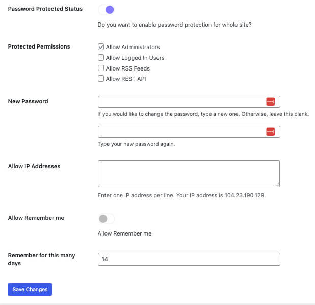 WordPress Password Protect Plugin Settings
